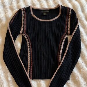 House of Harlow Black Ribbed Sweater with Crochet Accents